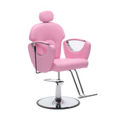 A pink salon barber chair with a padded headrest, armrests, and chrome metal legs and base on a white background.