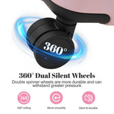 360-degree dual silent wheels with text and icons on a white background