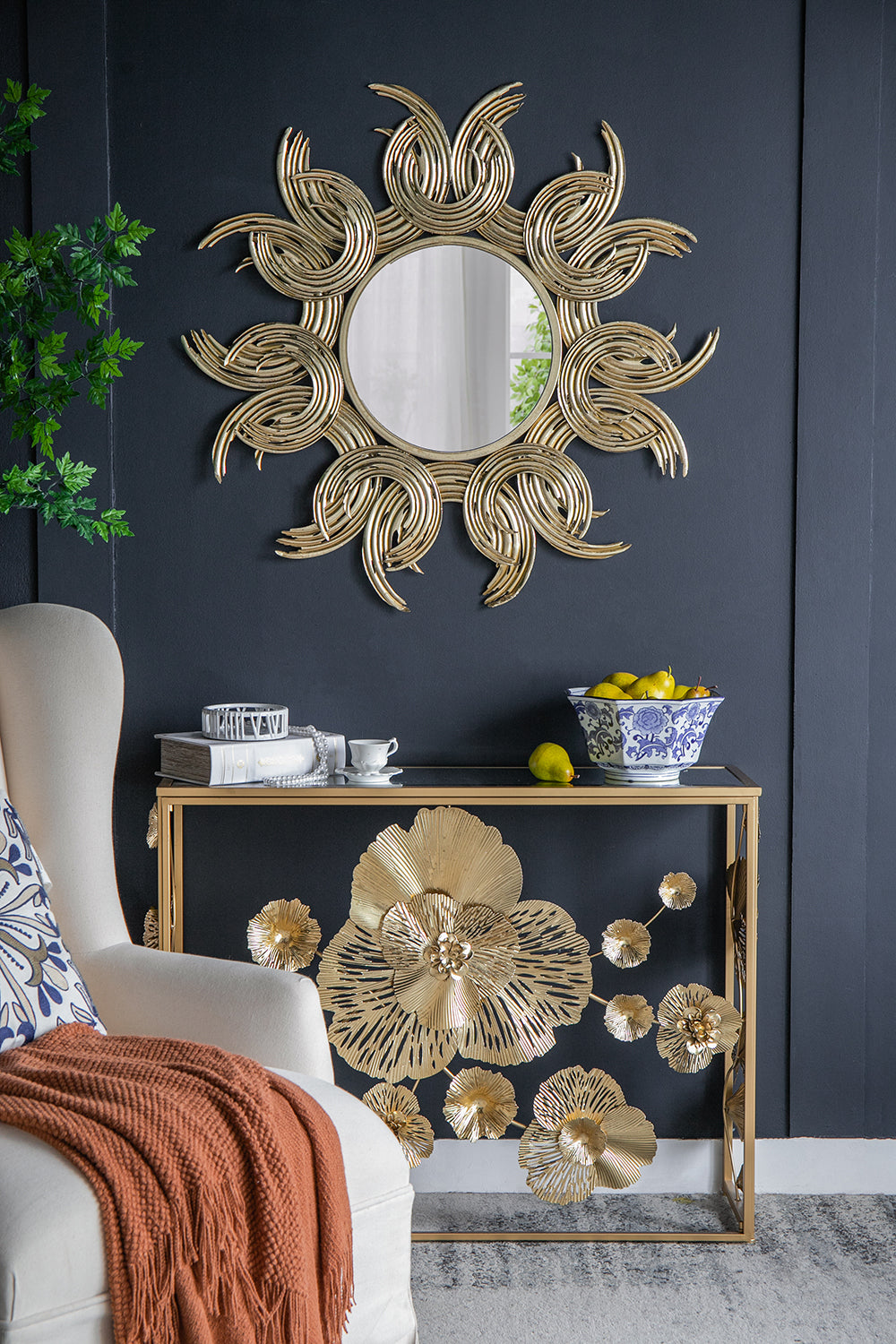 Blue and White Decorative Bowl - Porcelain, Elegant Design styled on a gold console table in a modern living room with wall mirror.
