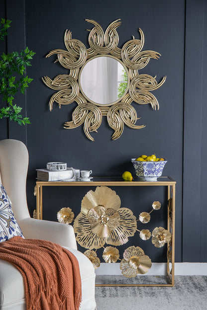 Blue and White Decorative Bowl - Porcelain, Elegant Design styled on a gold console table in a modern living room with wall mirror.