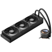 Computer cooling system with three fans and a reservoir on a white background