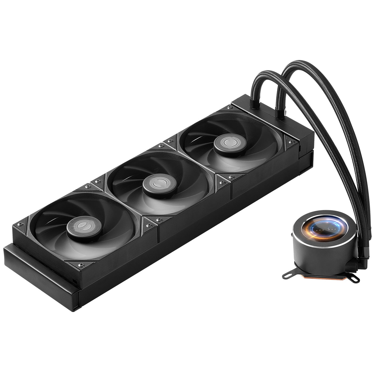 Computer cooling system with three fans and a reservoir on a white background