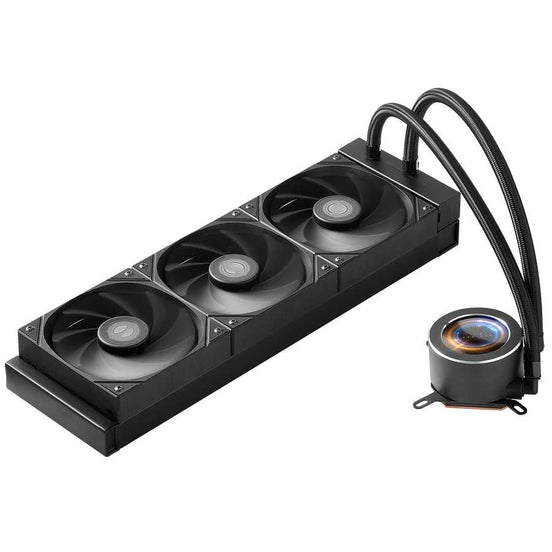 Computer cooling system with three fans and a reservoir on a white background