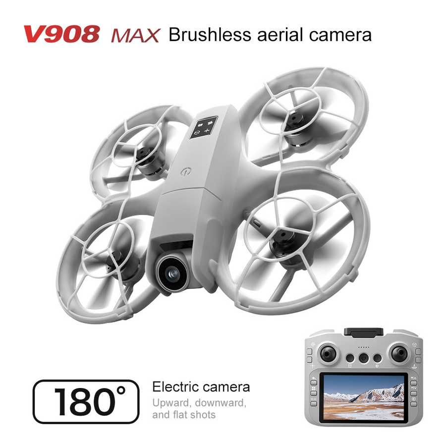 White drone with camera and remote control on a white background, featuring text 'V908 MAX Brushless aerial camera'.