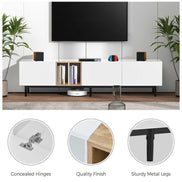 Close-up of white TV stand with concealed hinges, metal legs, and quality finish, designed for modern 80 inch TV setups.