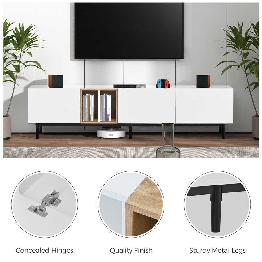 Close-up of white TV stand with concealed hinges, metal legs, and quality finish, designed for modern 80 inch TV setups.