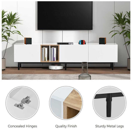 Close-up of white TV stand with concealed hinges, metal legs, and quality finish, designed for modern 80 inch TV setups.