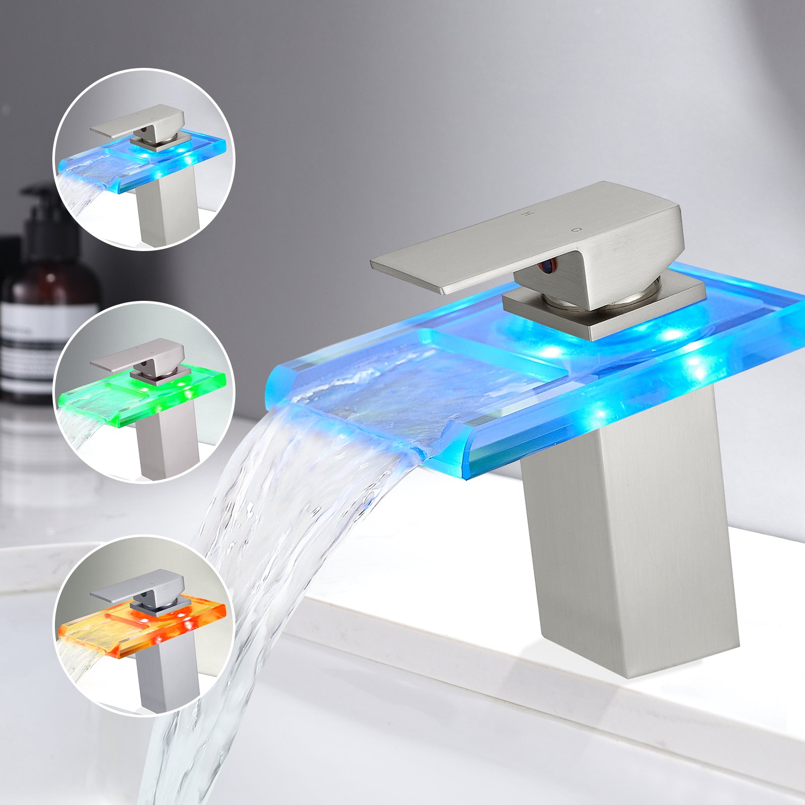 Bathroom Sink Faucet LED Light 3 Colors Changing Waterfall Glass Spout Hot Cold Water Mixer Single Handle One Hole Deck Mounted Bathroom MLNshops]