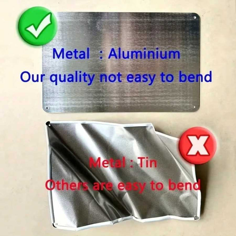Comparison of aluminium and tin metal sheets with text indicating ease or difficulty to bend.