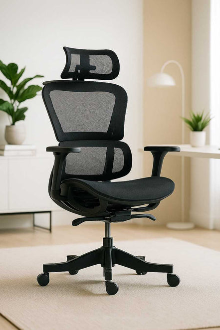 High back mesh office chair with ergonomic design and adjustable headrest in a modern home office setting. Ideal for comfort and support.
