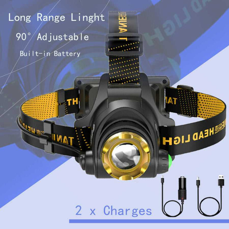 Long-range LED headlamp with 90° adjustability and built-in battery. Dual charging options for versatile outdoor use.