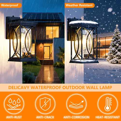 A promotional graphic for a waterproof outdoor wall lamp. The top half shows two side-by-side night scenes of the black metal lantern-style light mounted on a house exterior, one in the rain labeled &