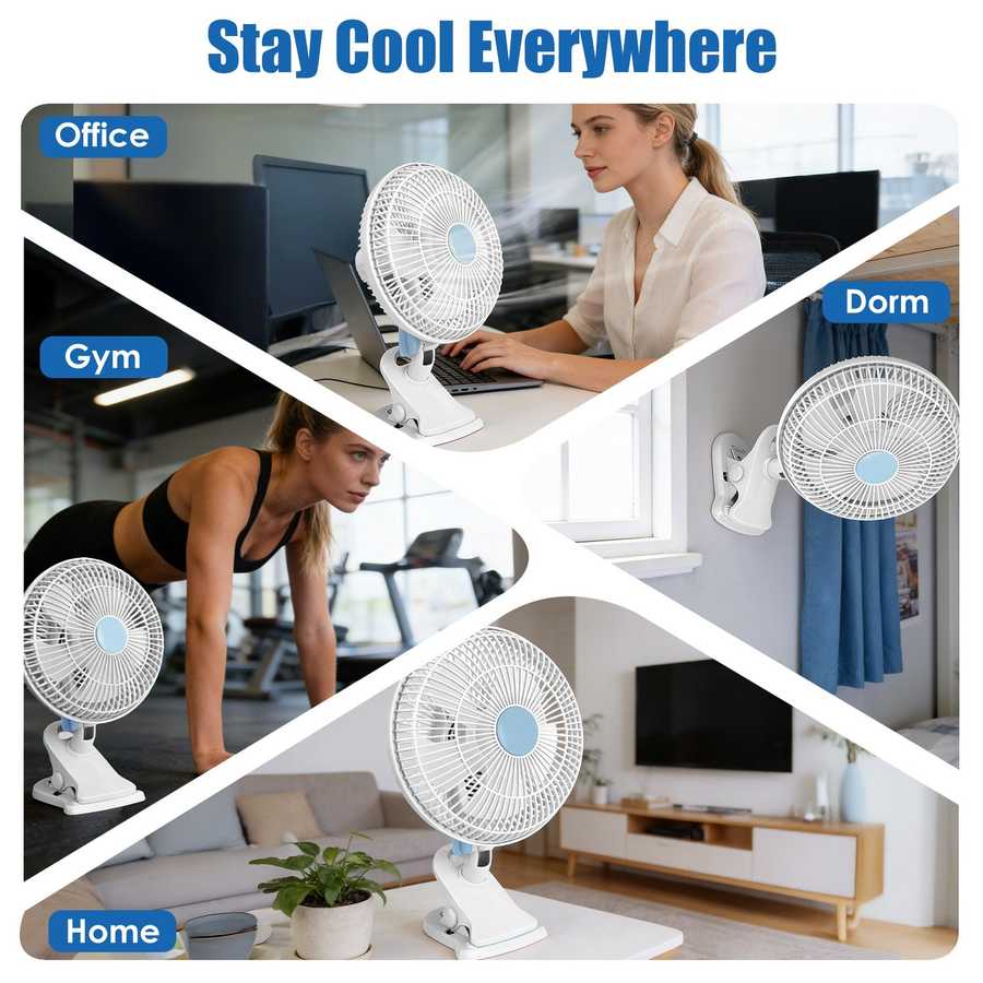 Oscillating clip fan on desk in office