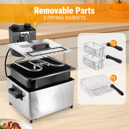 5L Deep Fryer with Basket, 1700W Electric Deep Fryer with Time & Temperature Control for Home Use, 3 Frying Baskets, Lid with View Window and Odor Free Filter, Stainless Steel, Dishwasher Safe