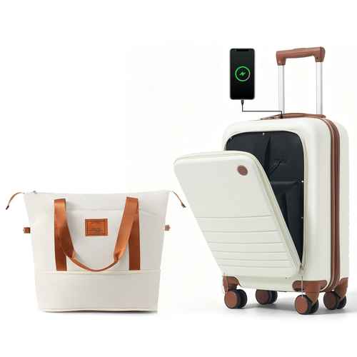 A cream-colored carry-on suitcase with brown handles and trim, shown open with its telescoping handle extended and a phone charging from an integrated port. A matching cream tote bag with brown handles is displayed beside it on a clean white background.