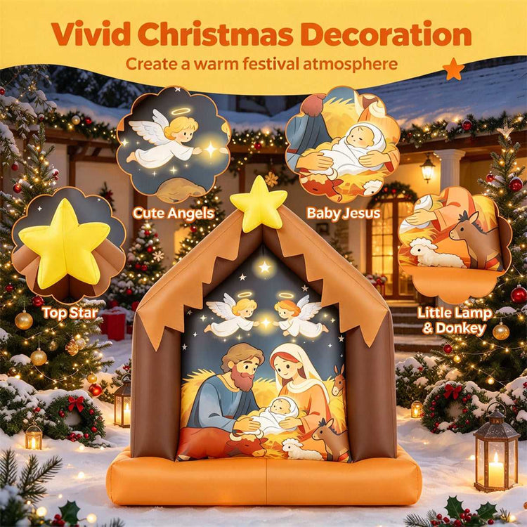 Inflatable nativity details: top star, angels, baby Jesus, lamp and donkey