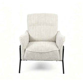 A modern accent chair with a cream and gray vertically striped ribbed fabric upholstery and slim black metal legs, shown against a plain white background.