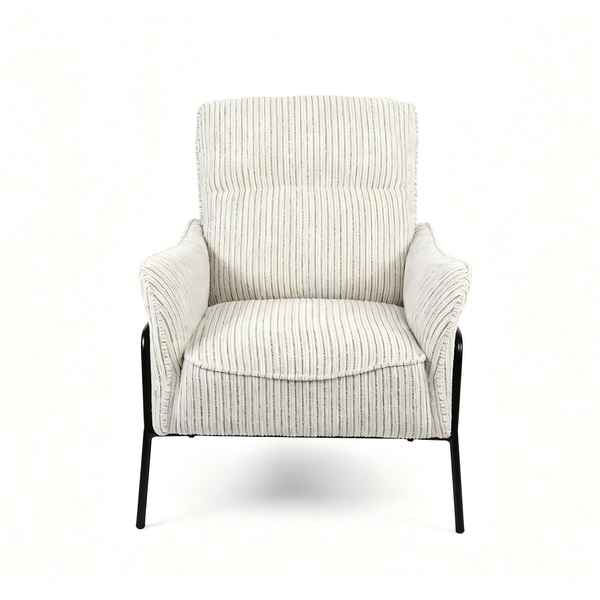 A modern accent chair with a cream and gray vertically striped ribbed fabric upholstery and slim black metal legs, shown against a plain white background.