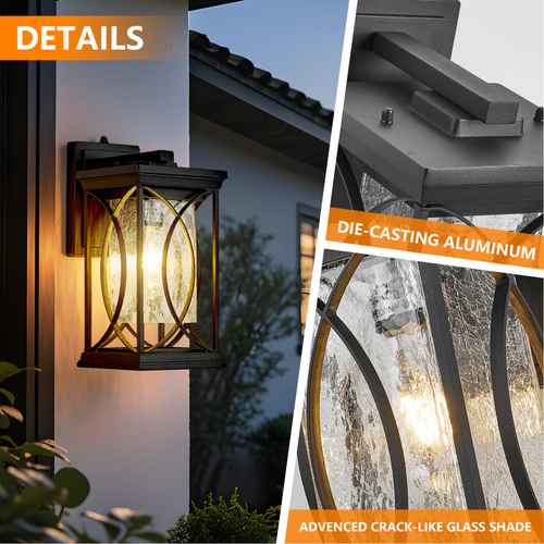 An outdoor wall sconce light fixture shown lit on a house exterior, with a split detail view showing close-up construction text callouts reading &