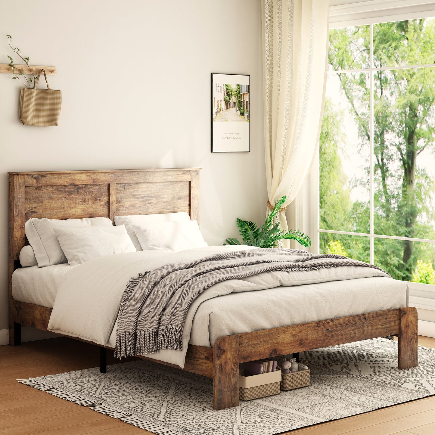 Full size wood platform bed frame with noise-free design and storage space, placed in a bright bedroom with large window.