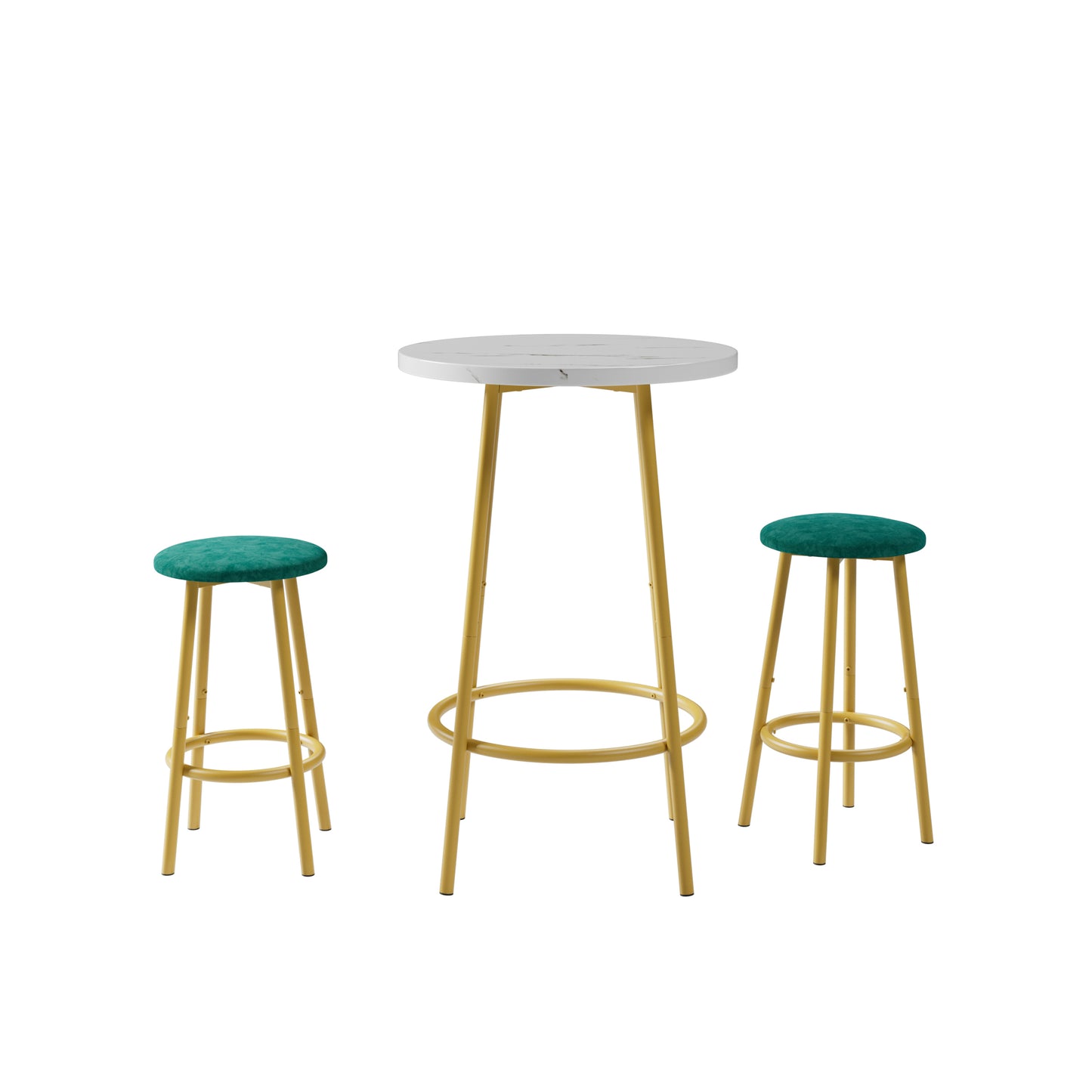 Isolated view of 3-Piece Bar Table Set with Stools showing white round table and green cushioned stools with gold legs.