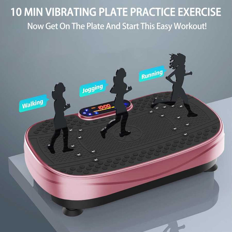 Vibration plate with silhouettes of people walking, jogging, and running on it, against a gray background.