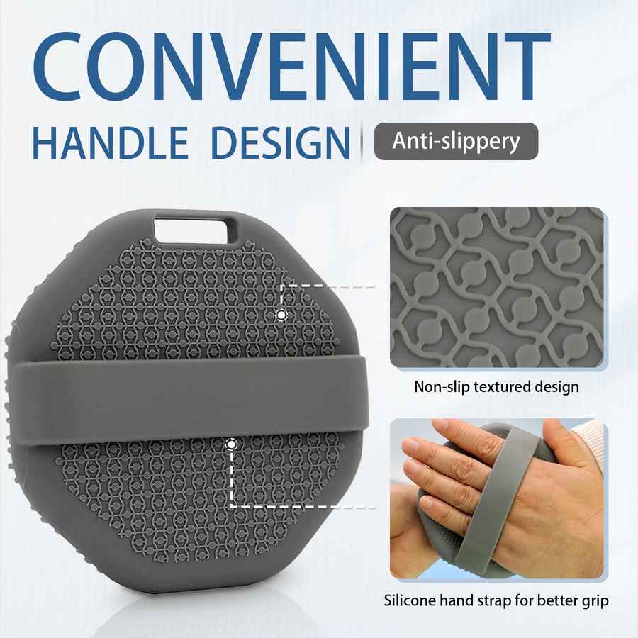 Gray silicone handle with anti-slip textured design and silicone hand strap for better grip, on a white background.