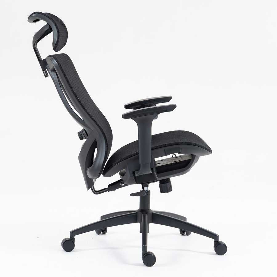 Reclined side view of high back mesh office chair showing tilt mechanism, adjustable armrests, and ergonomic seat design.