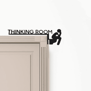 Modern design 'Thinking Room' metal sign in marble style above a beige door, perfect novelty wall art for bathroom humor.