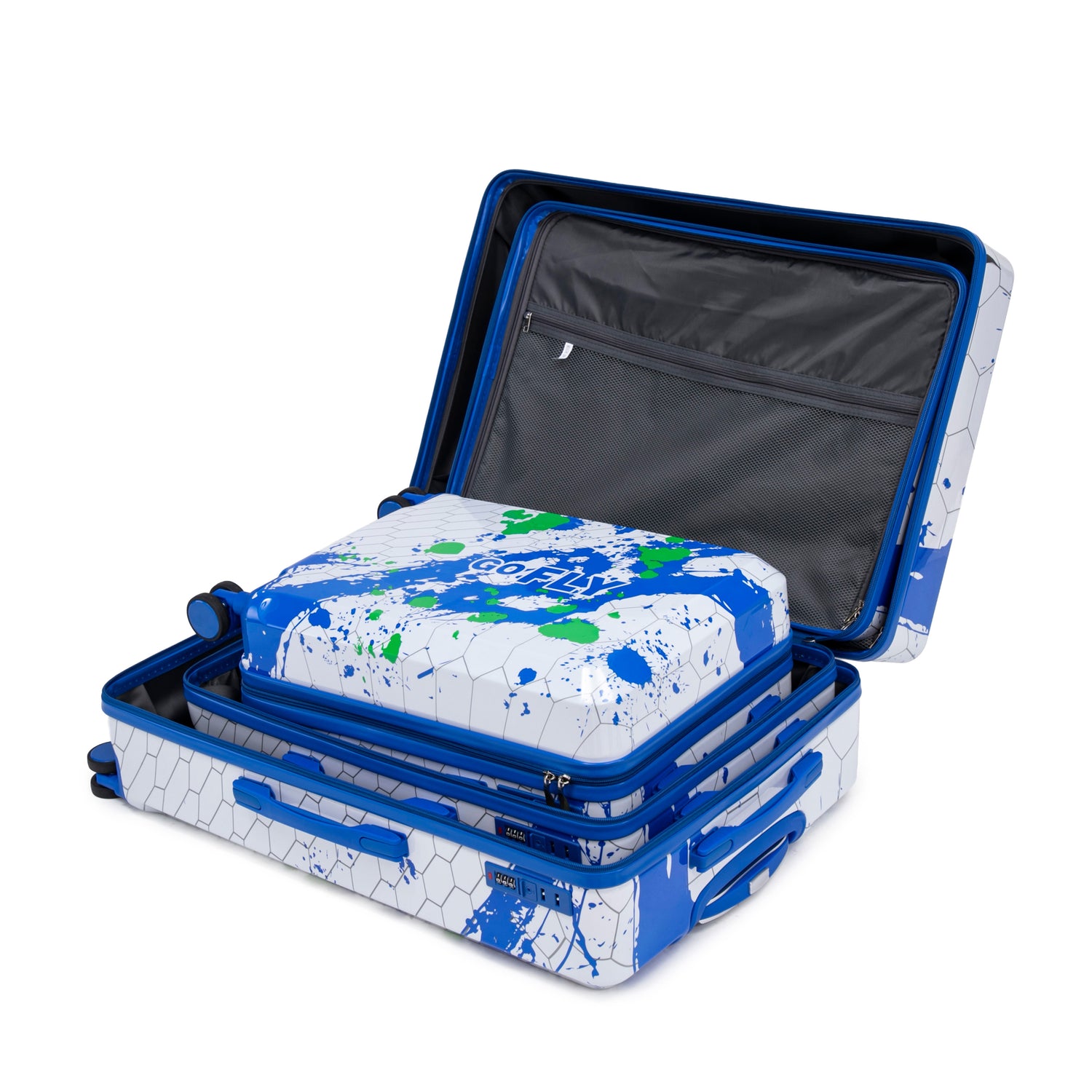 Blue and white suitcase with a pattern, open to reveal a black interior.