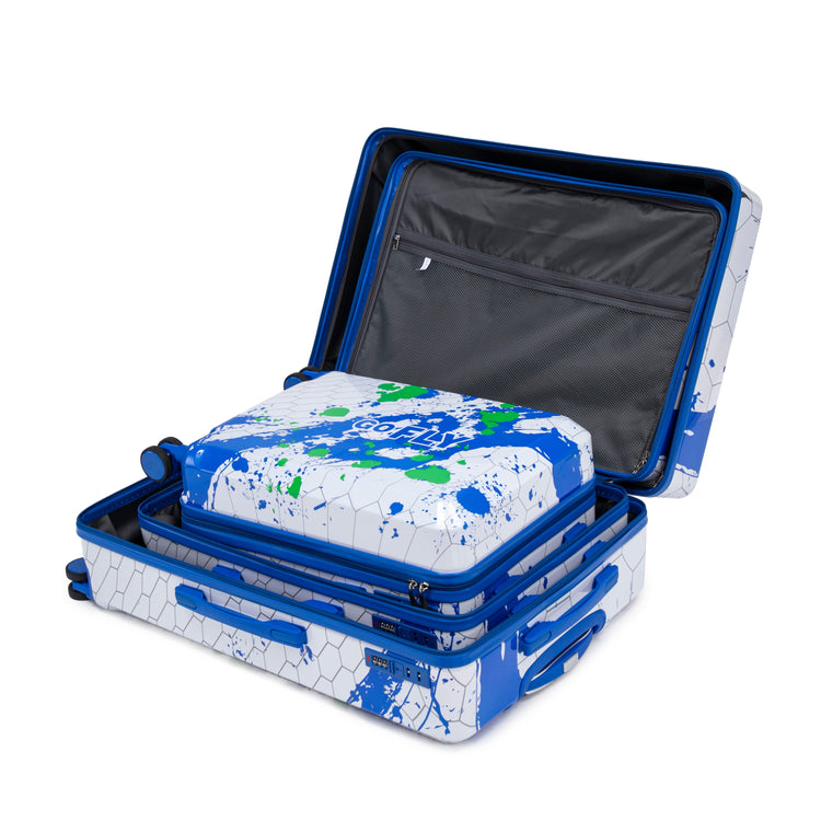 Blue and white suitcase with a pattern, open to reveal a black interior.