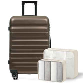 Brown 24-inch hardshell luggage set with four spinner wheels, includes packing cubes for travel organization