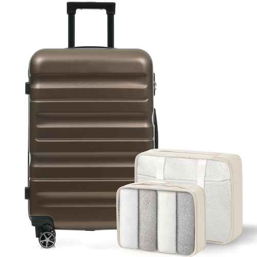 Brown 24-inch hardshell luggage set with four spinner wheels, includes packing cubes for travel organization
