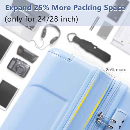 Blue organizer with expandable feature on a white background with electronic items.