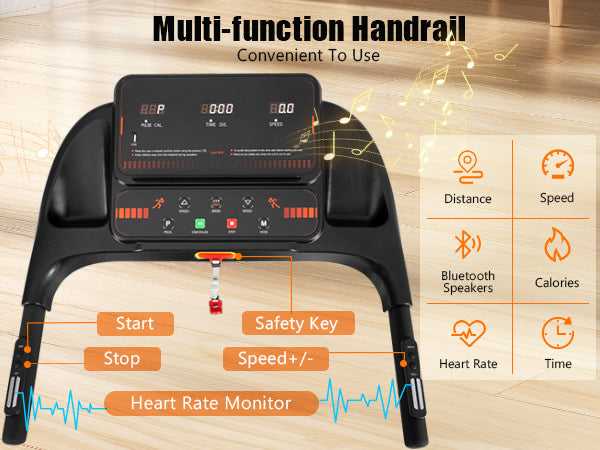 Multi-function treadmill handrail with control buttons and heart rate monitor