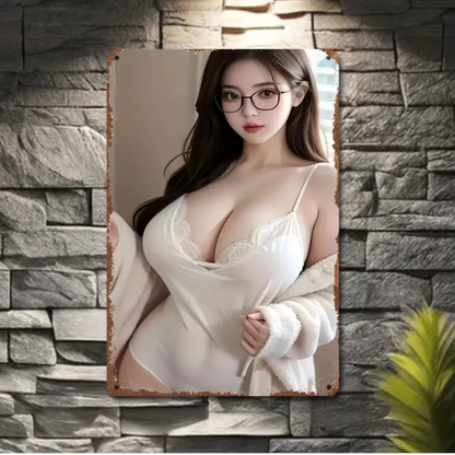 Aluminum wall art decor with a woman in white lingerie mounted on a stone wall. Weather-resistant and perfect for indoor or outdoor spaces.