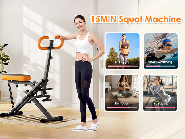 Woman using Squat Machine Home - Adjustable Resistance for Full Body Fitness, comparing 15-minute squat workout to other exercises like jogging and swimming.