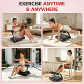 Woman using a home exercise device in various settings with text &
