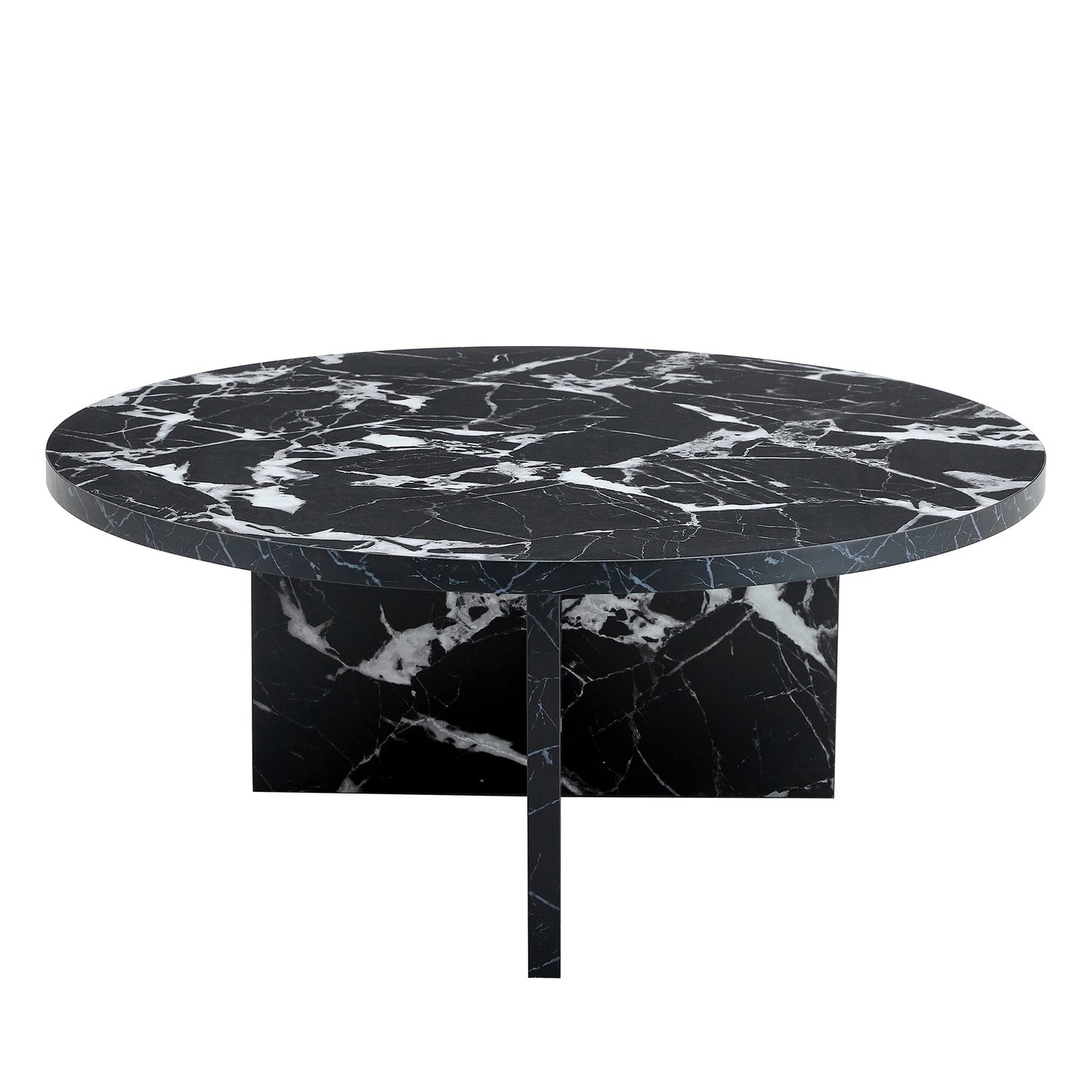 Front view of black MDF round coffee table with modern minimalism, featuring a cross-leg base and marble-style surface.