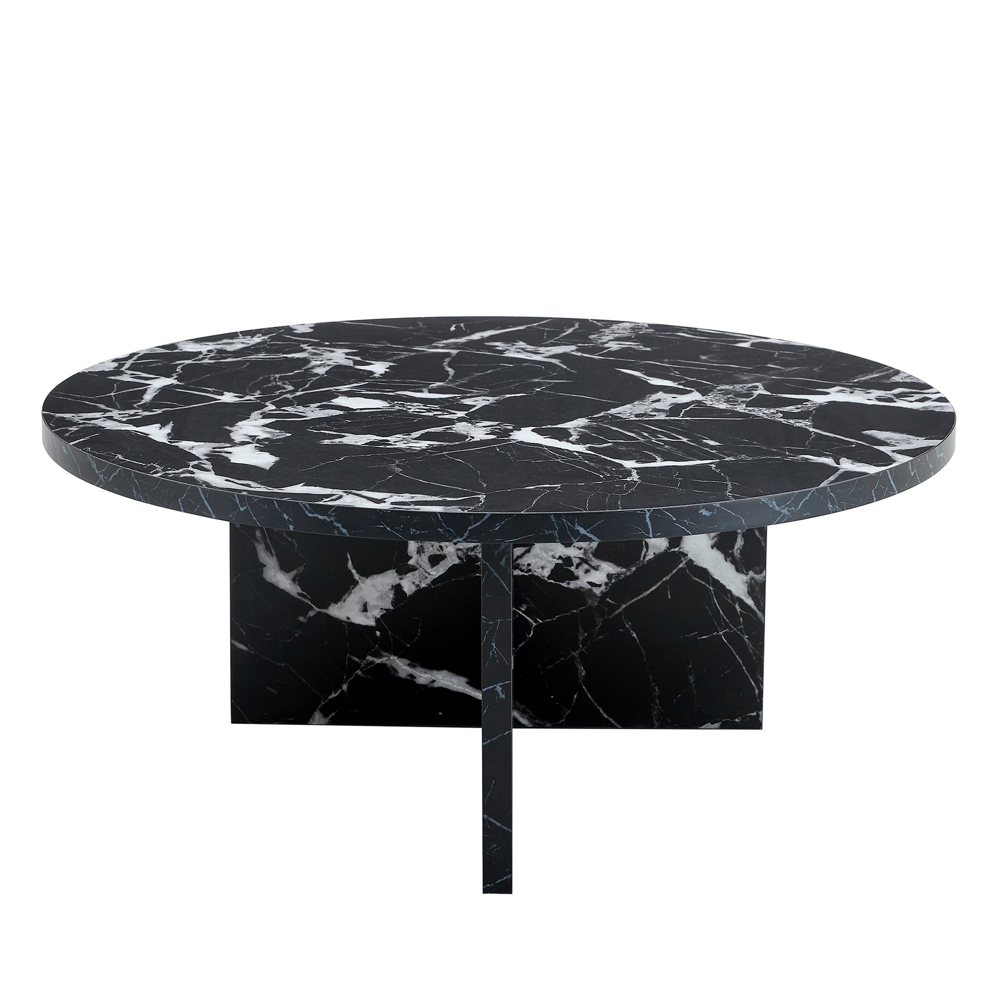Front view of black MDF round coffee table with modern minimalism, featuring a cross-leg base and marble-style surface.