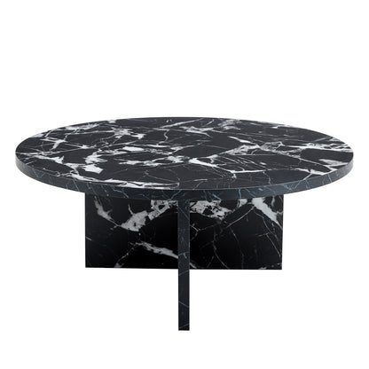 Front view of black MDF round coffee table with modern minimalism, featuring a cross-leg base and marble-style surface.