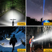 Rechargeable LED flashlight used for cycling, camping, walking, and caving. Zoomable beam ideal for outdoor nighttime activities.