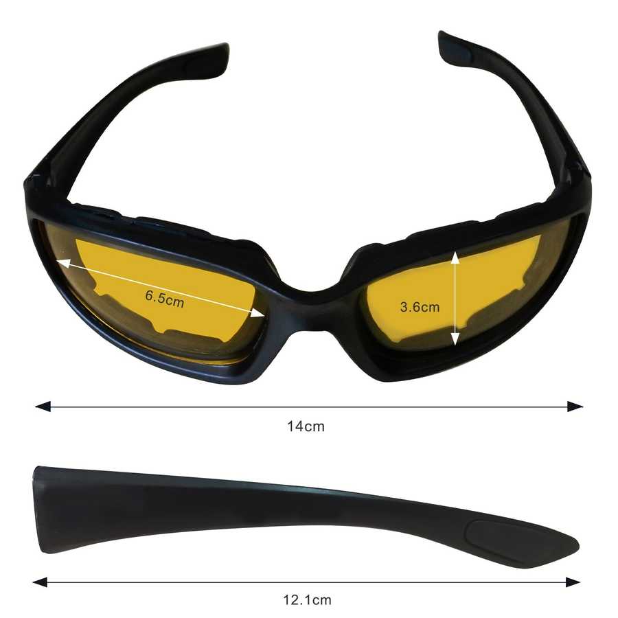 Black sunglasses with yellow lenses and measurements on a white background