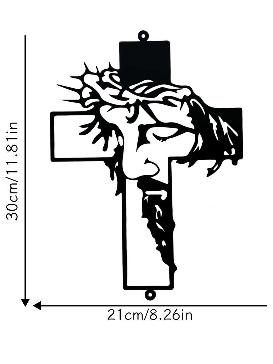 Black Metal Cross Wall Art Decor with Jesus silhouette, measuring 30cm x 21cm. Precision-cut iron design for indoor and outdoor display.