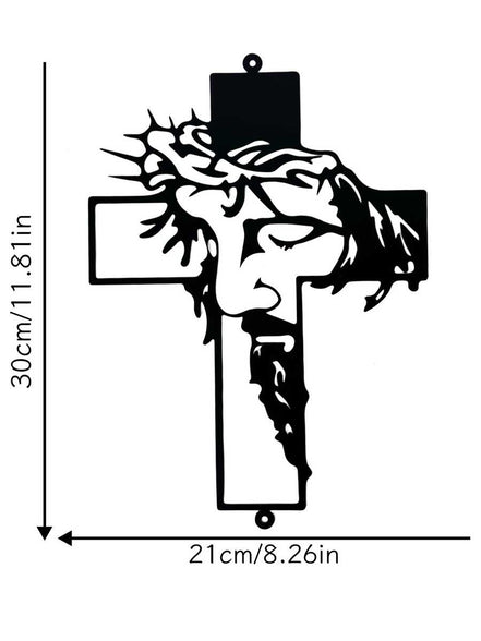 Black Metal Cross Wall Art Decor with Jesus silhouette, measuring 30cm x 21cm. Precision-cut iron design for indoor and outdoor display.