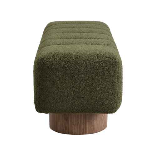 An olive green tufted upholstered bench with a round wooden base, shown against a plain white background.