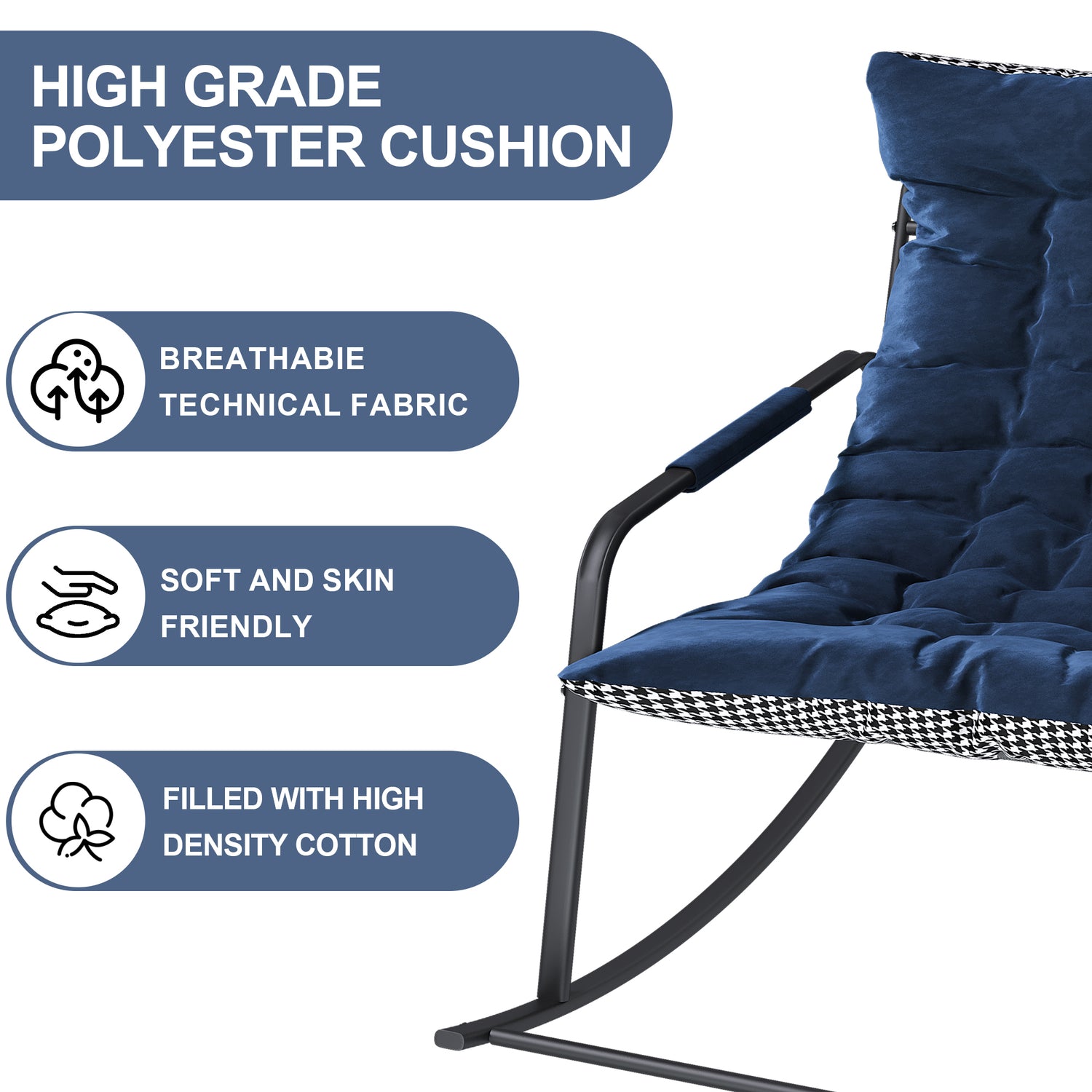 Navy blue cushioned chair with text highlighting features on a white background