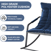 Navy blue cushioned chair with text highlighting features on a white background