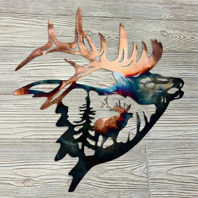 Metal wall art of a deer with colorful antlers on a wooden surface