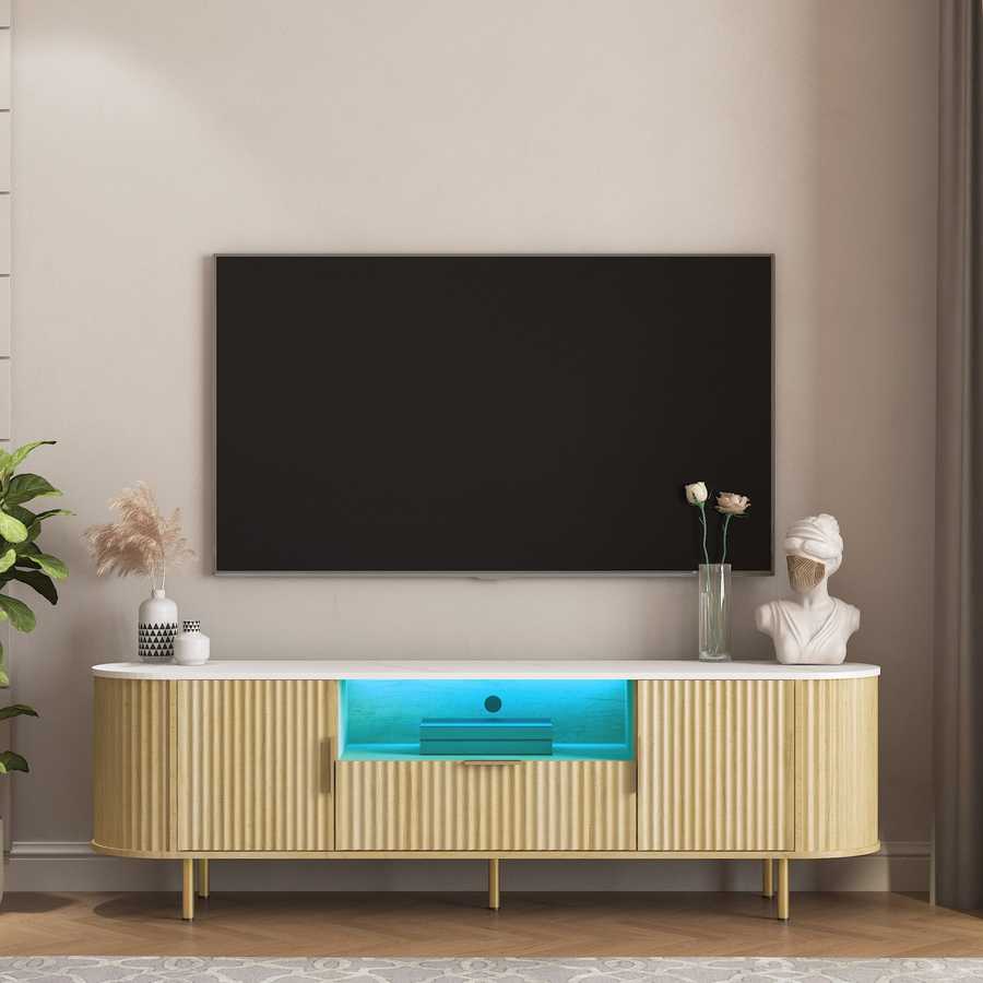 LED TV Stand with Storage for 55+ Inch TVs featuring a modern wood finish, blue LED lighting, and decorative accents in a stylish living room.